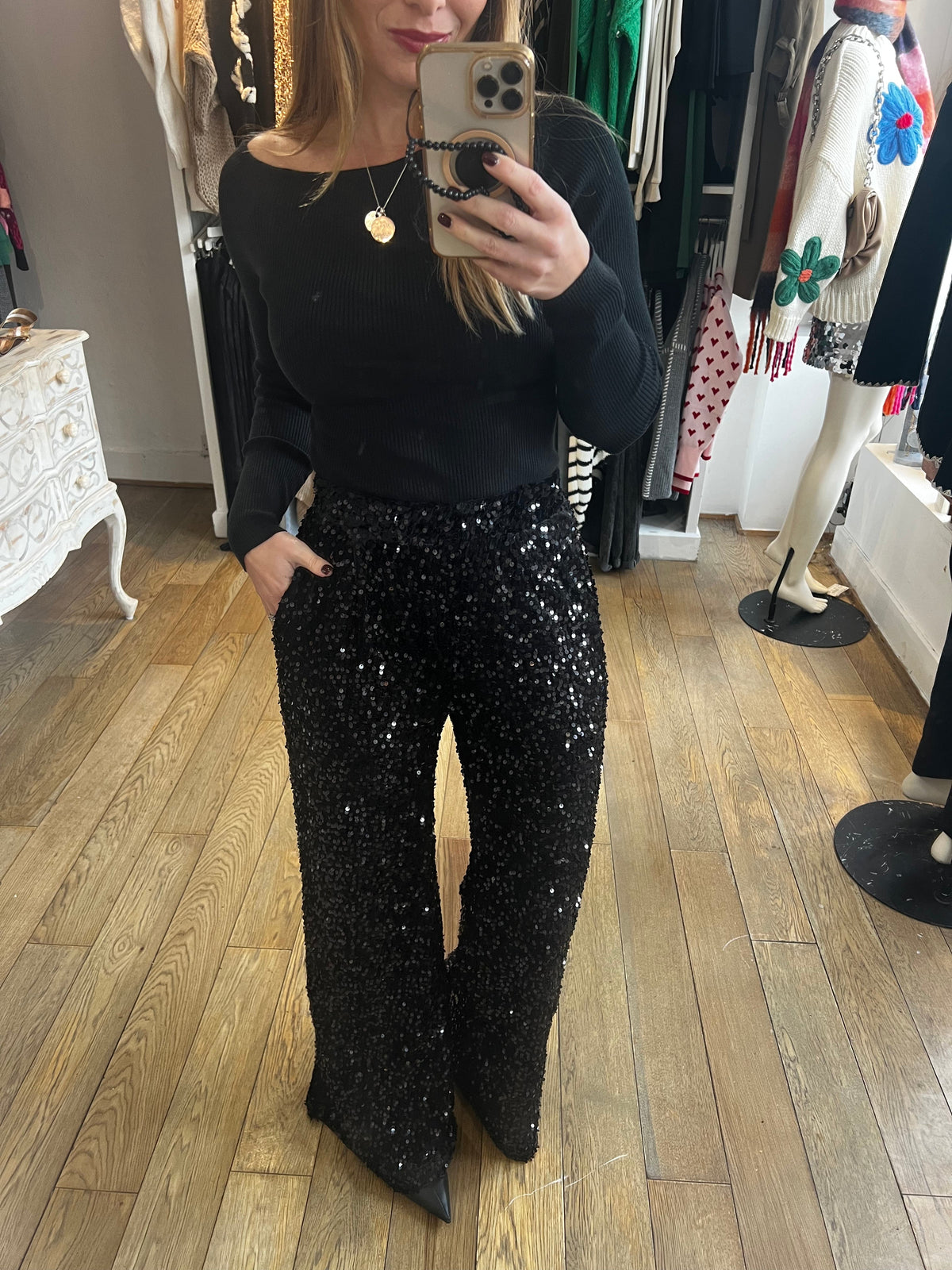 Black Velvet Sequin Trousers
