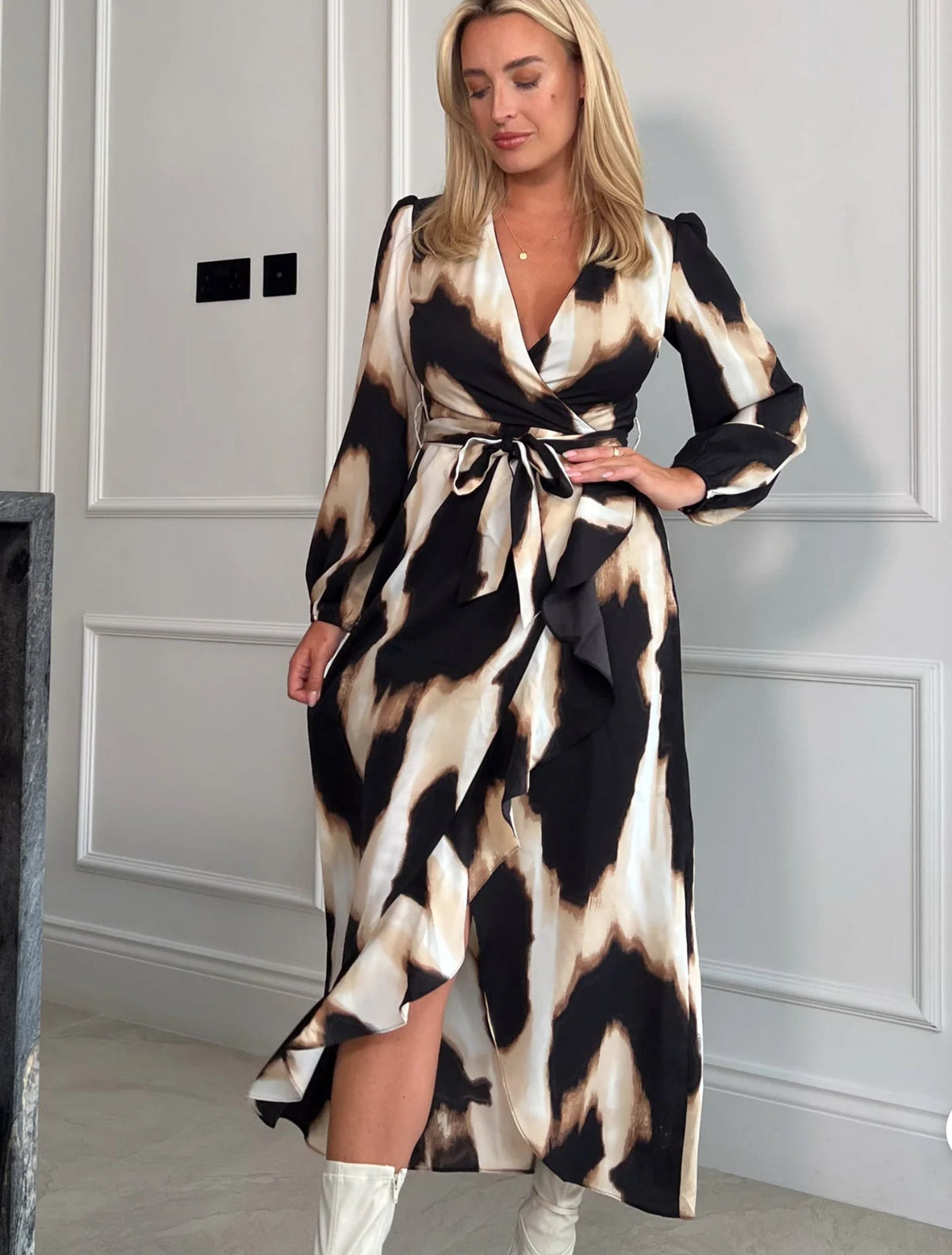 Erin Animal Long Sleeve Split Hem Frill Detail Maxi Dress