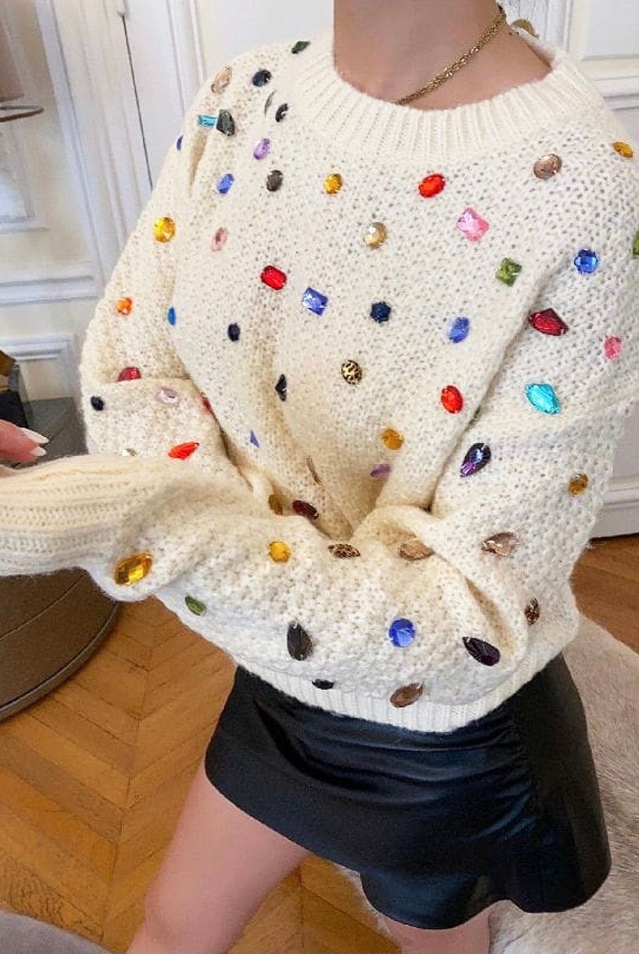 Diamante stone round neck cream jumper