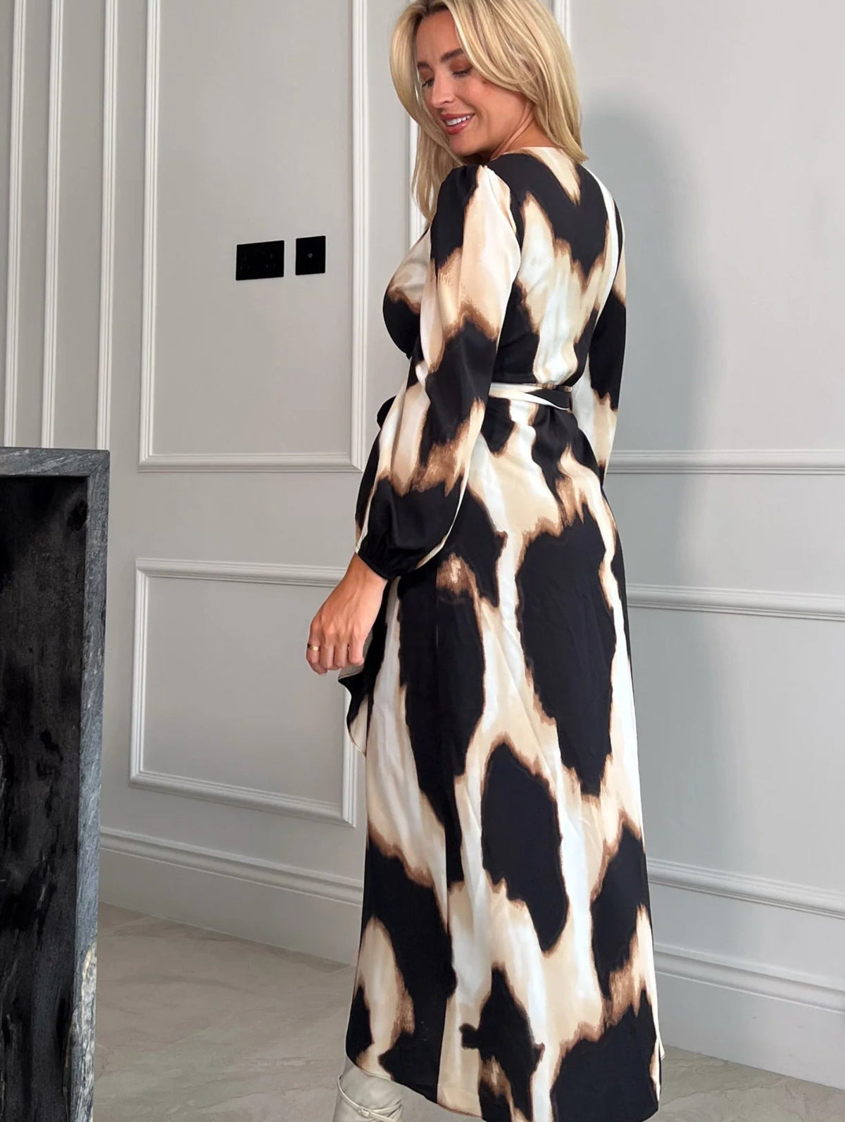 Erin Animal Long Sleeve Split Hem Frill Detail Maxi Dress