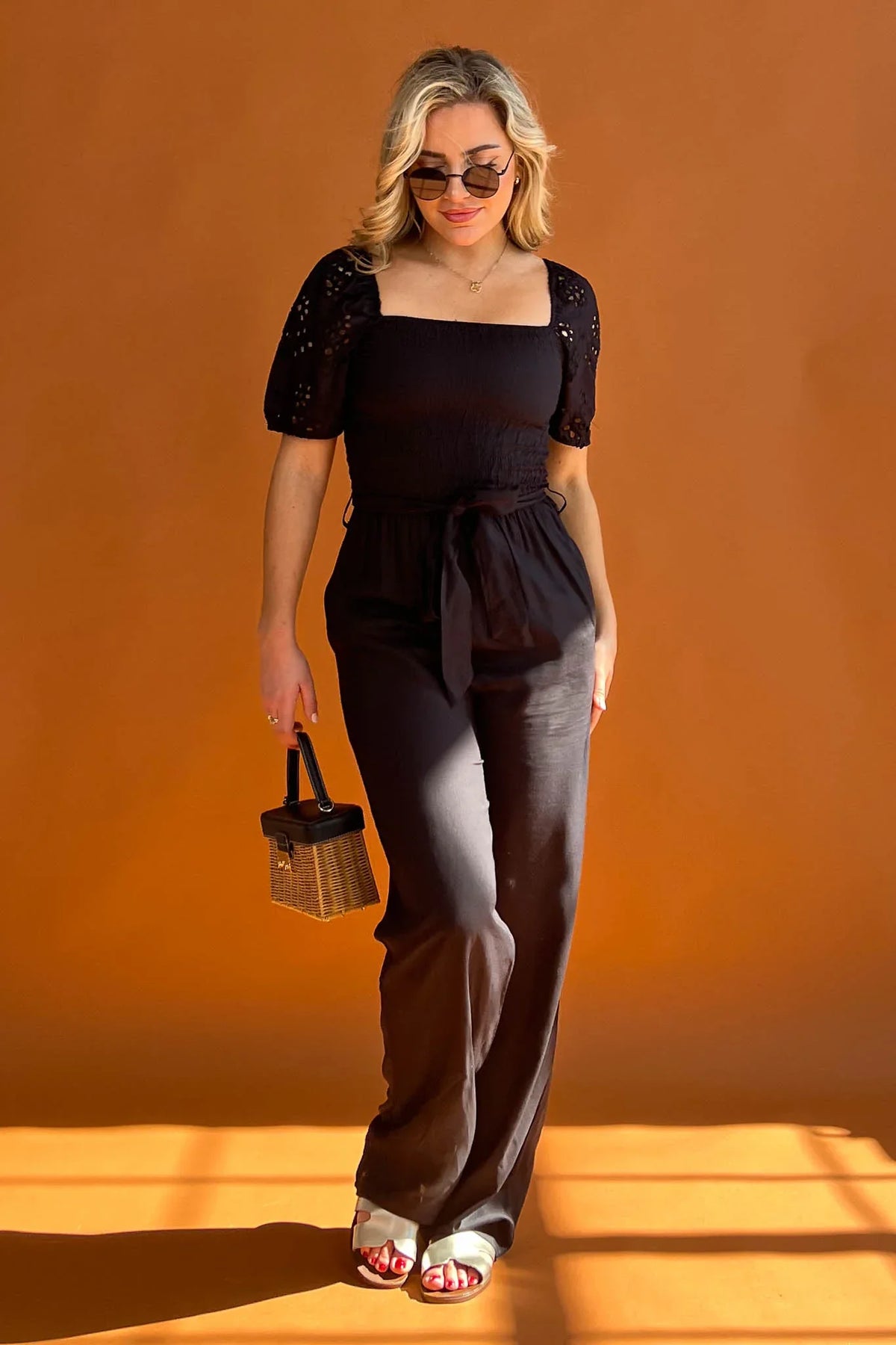 Indie Black Broderie Wide Leg Jumpsuit