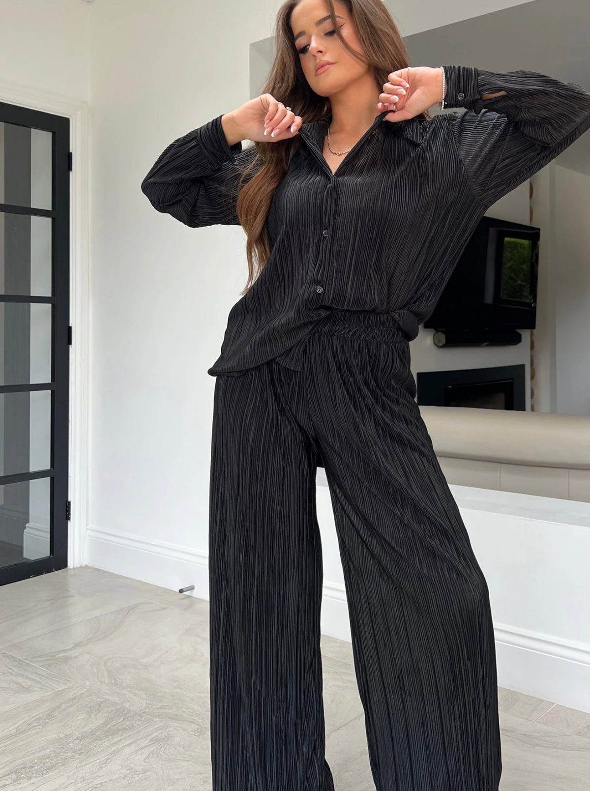 Charlotte Plisse Shirt Trouser Set Black