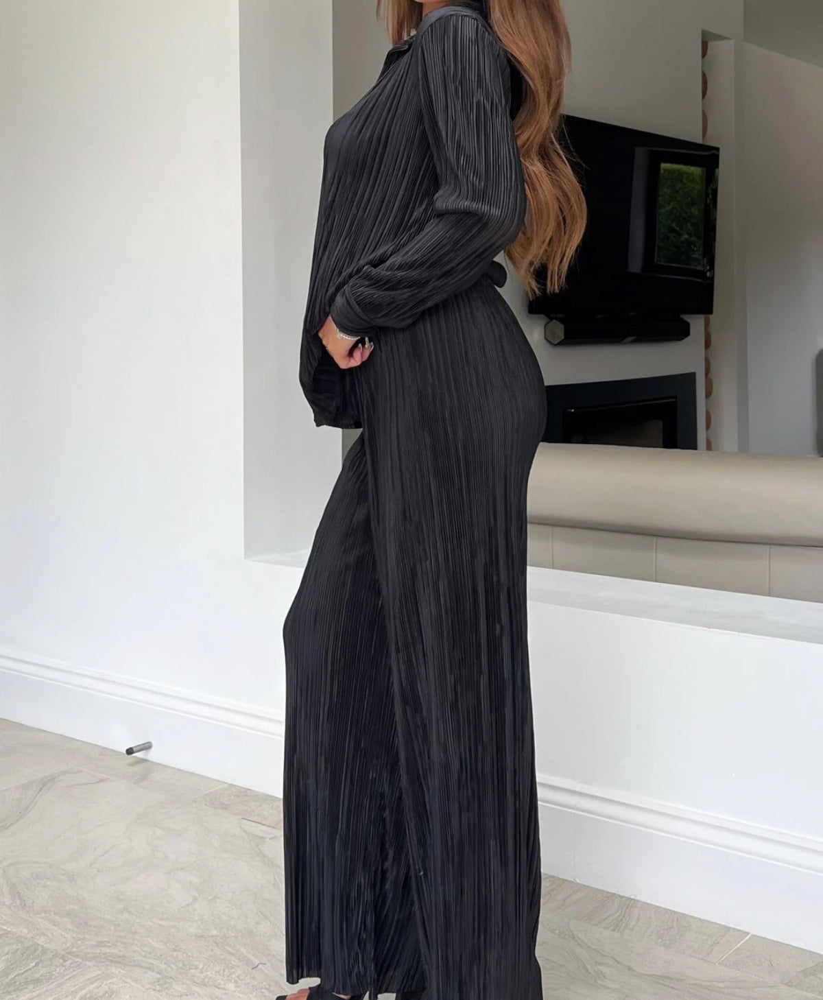 Charlotte Plisse Shirt Trouser Set Black