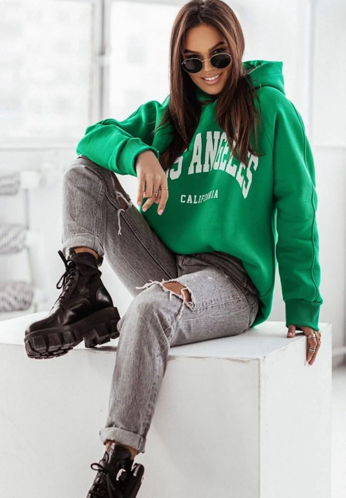 LA CALIFORNIA' PRINTED OVERSIZED HOODED JUMPER TOP-GREEN