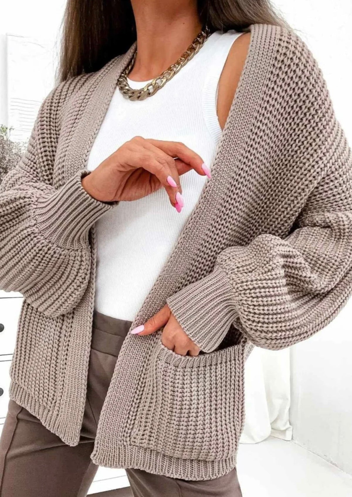 BELLA POCKET DETAIL KNITTED CARDIGAN-STONE
